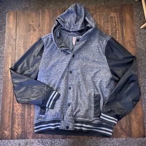 Grey and Black Melange Faux Leather Button Up Jacket with Hood!! Size XL